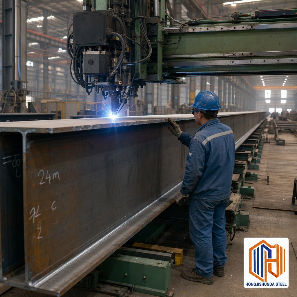 Steel beam being welded on the fabrication line in our workshop.