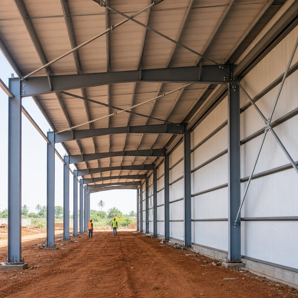 Partly erected steel building with wall cladding and cross bracing installed.