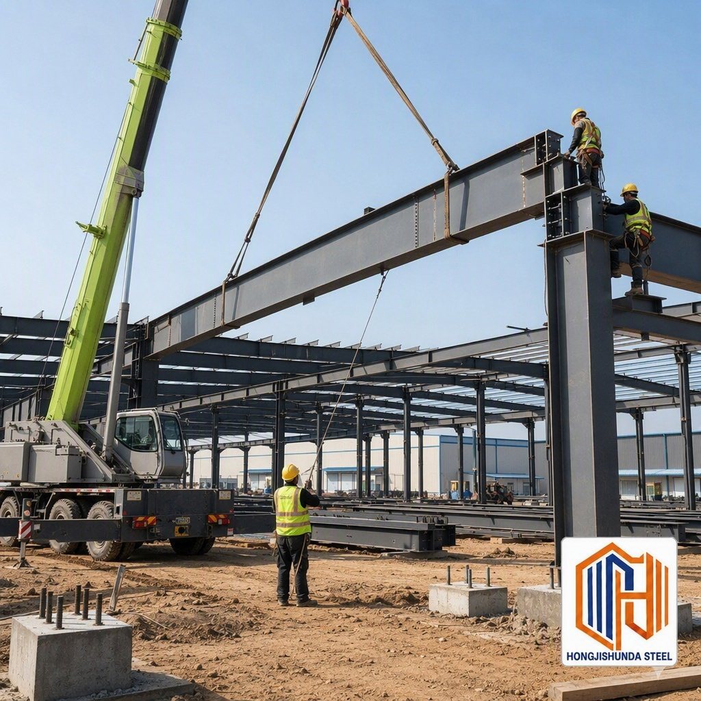 Mobile crane lifting a steel roof truss while workers guide it into position.