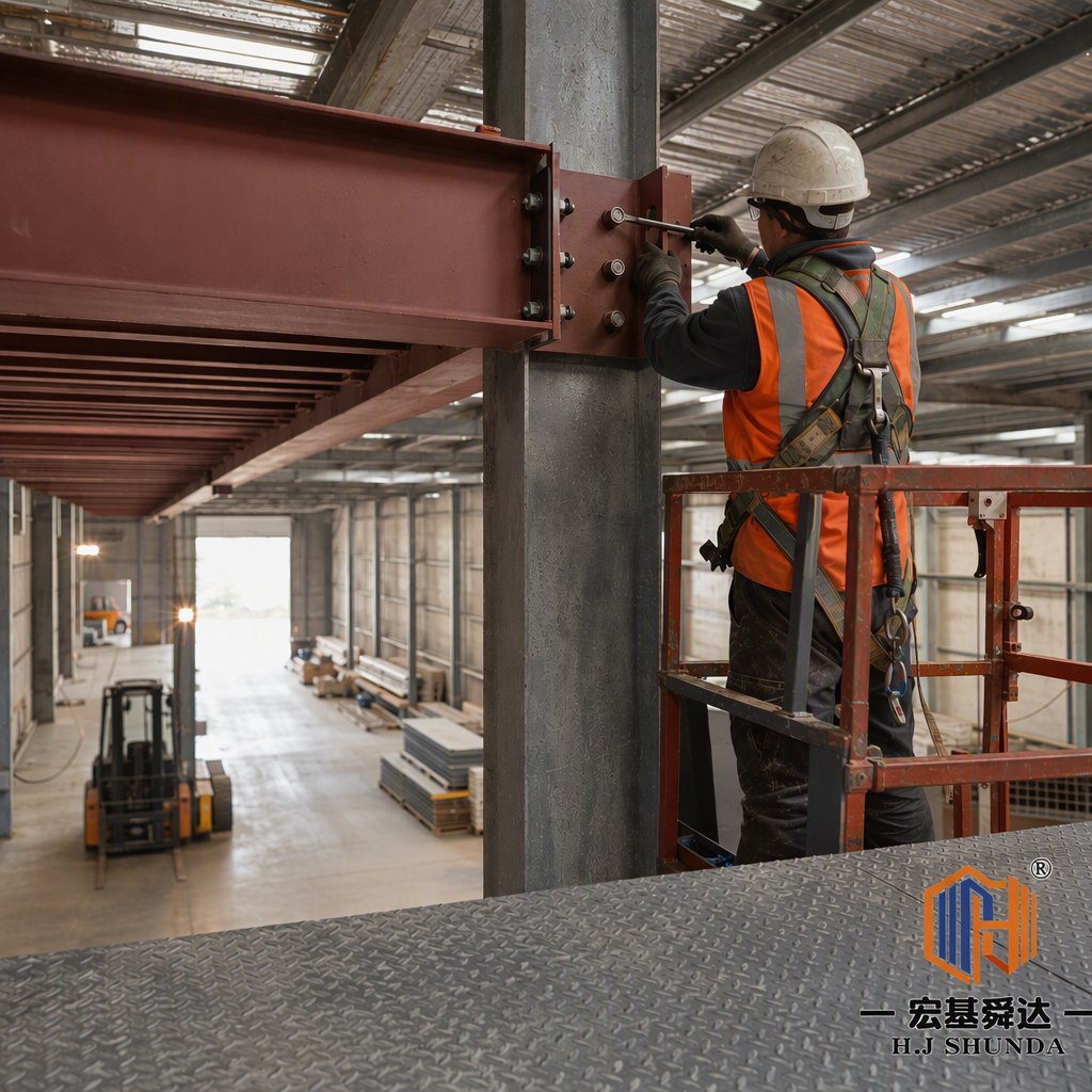 Worker on a platform fixing a mezzanine steel beam inside a warehouse.