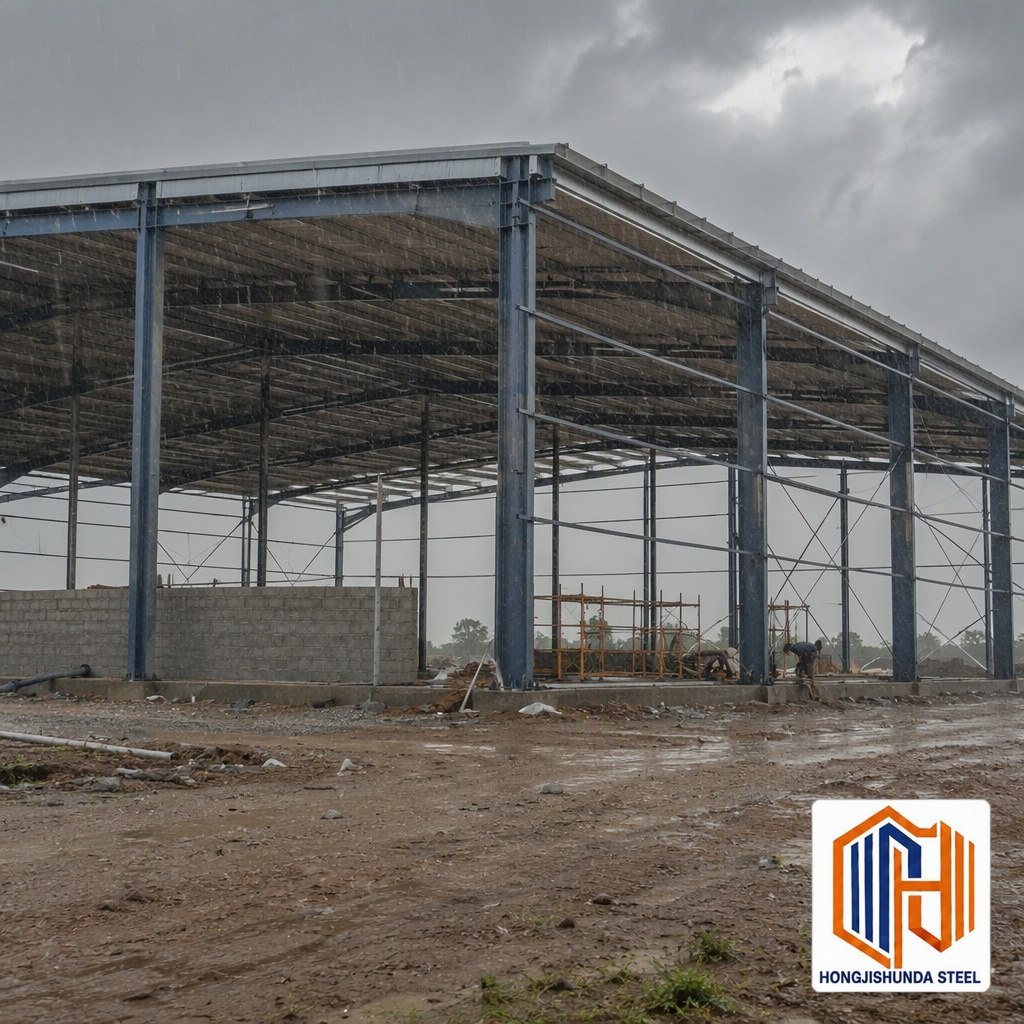Steel portal frame building with roof sheeting installed, site works incomplete.
